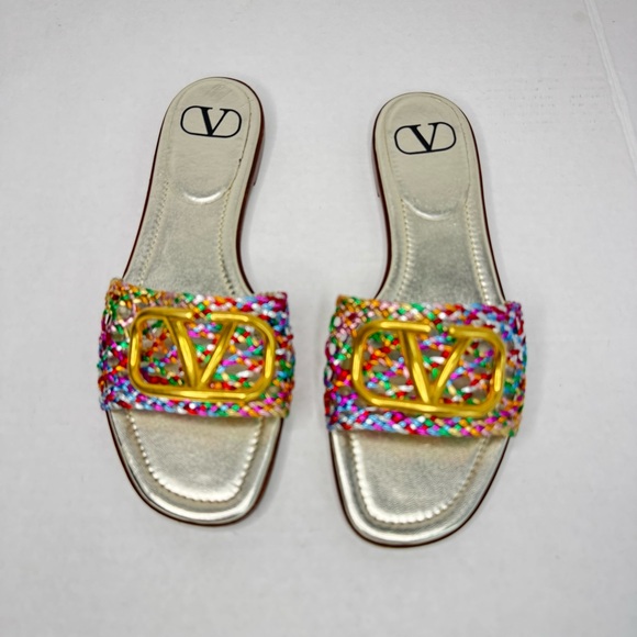 Valentino Multicolor Braided Leather VLOGO Flat Slides Size 37.5 - Picture 4 of 10